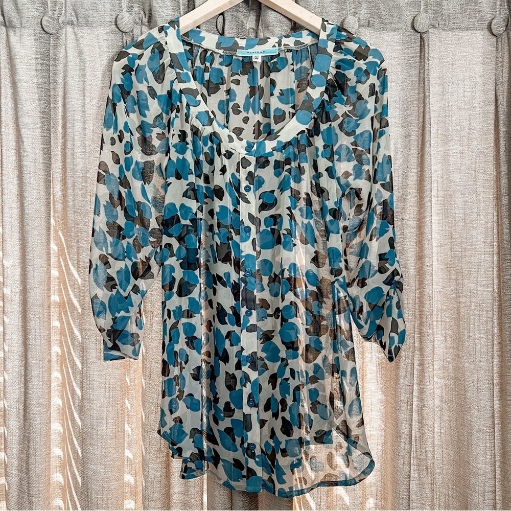 Pleione Teal and Black Sheer Patterned Blouse Size Medium